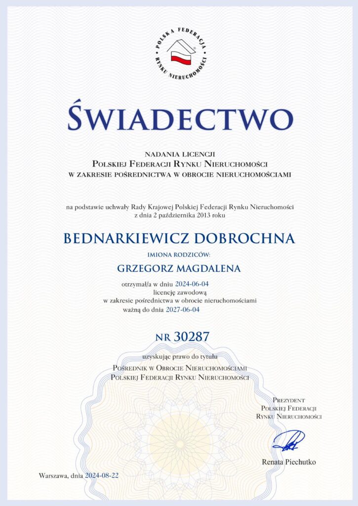 Licencja pośrednika PFRN nr 30287