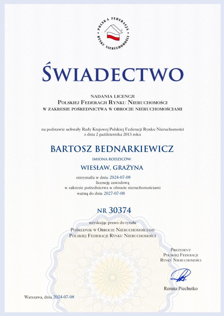 Licencja pośrednika PFRN nr 30374